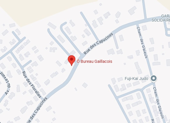 Carte de quartier française: Ô Bureau Gaillacois (marqueur rouge) sur Rue des Capucines, à proximité de Fuji-Kaï Judo et Chemin des Glaïeuls. Rue des Floralies visible.